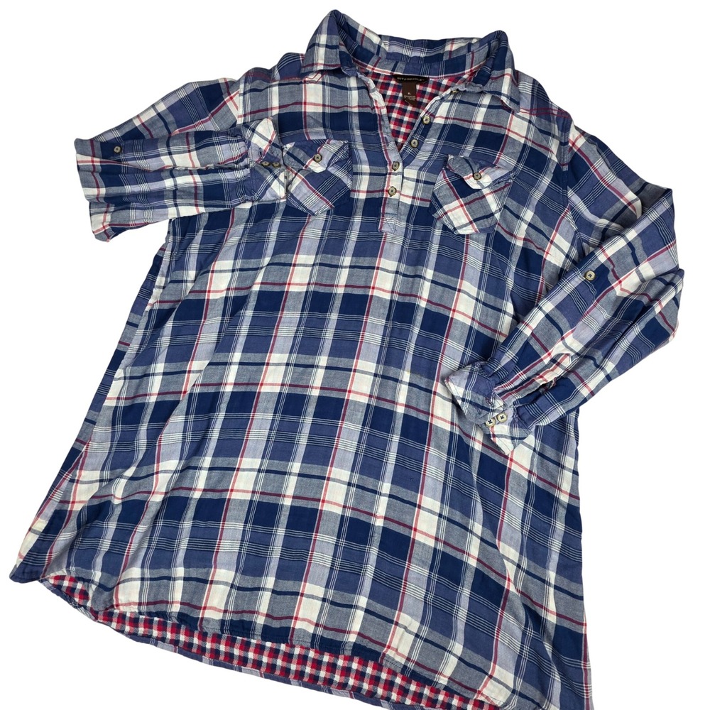 Bit & Bridle Plaid Tunic Shirt Womens‎ XL Blue Red Cotton Button Long Sleeve
